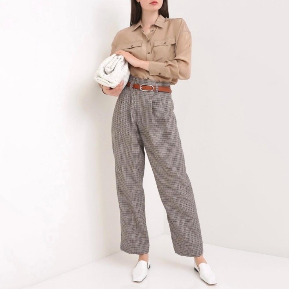 BRUNELLO CUCINELLI Trousers Wide Leg Pants in Linen Wool Silk Plaid Size US 0